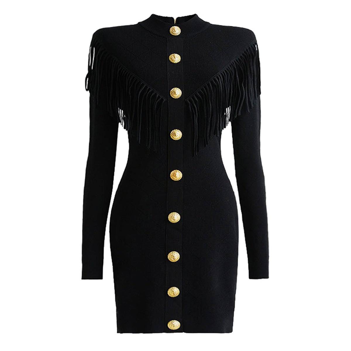 Elegant V Neck Tassel Knit Dress with Slimming Fit and Long Sleeves  S Black 