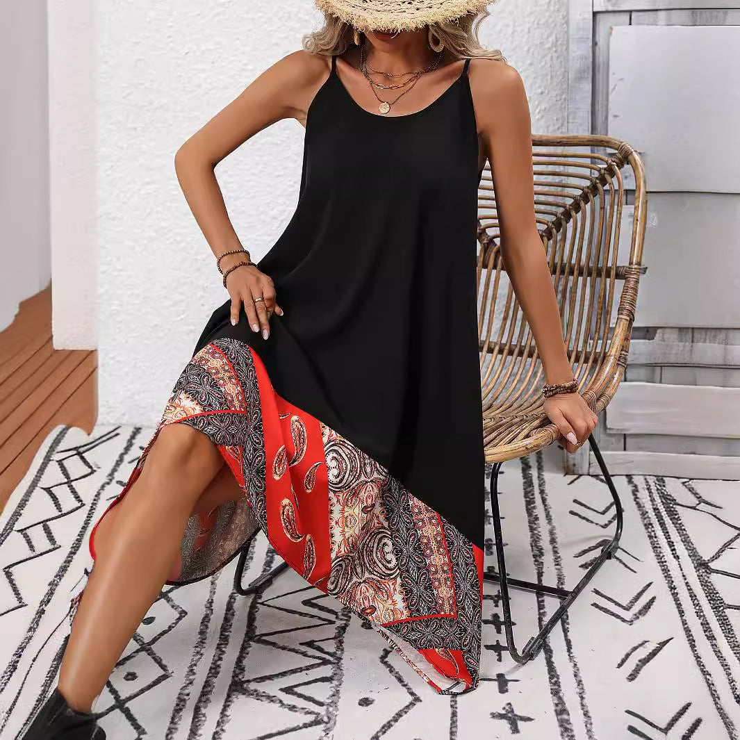 Women Summer Casual Cool Printed Sling Round Neck Non Standard Hem Stitching Dress Hours - Wild Amber Fashion