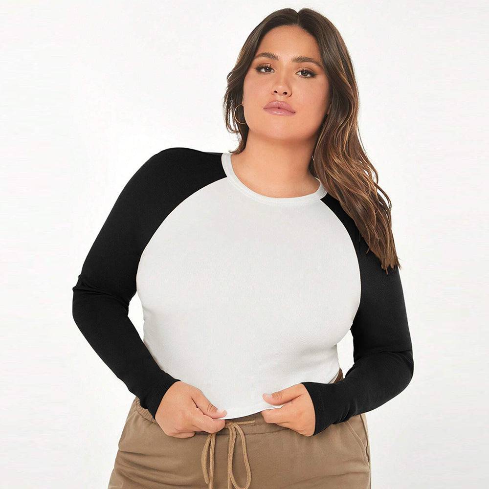 Stylish Slim Fit Patchwork Long Sleeve T-Shirt for Plus Size Women  1XL Black 