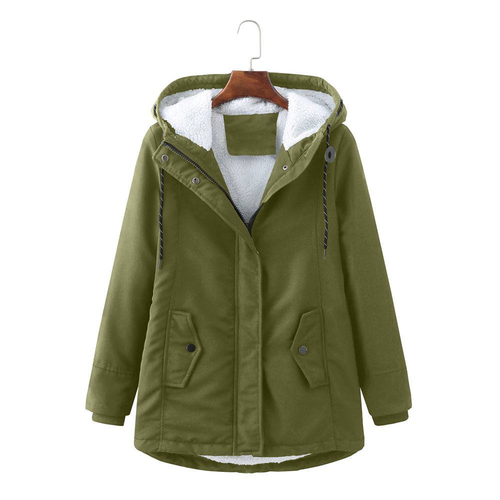 Ladies Hooded Lambswool Parka Winter Warm Waist Women Cotton-Padded Coat  S Army Green 