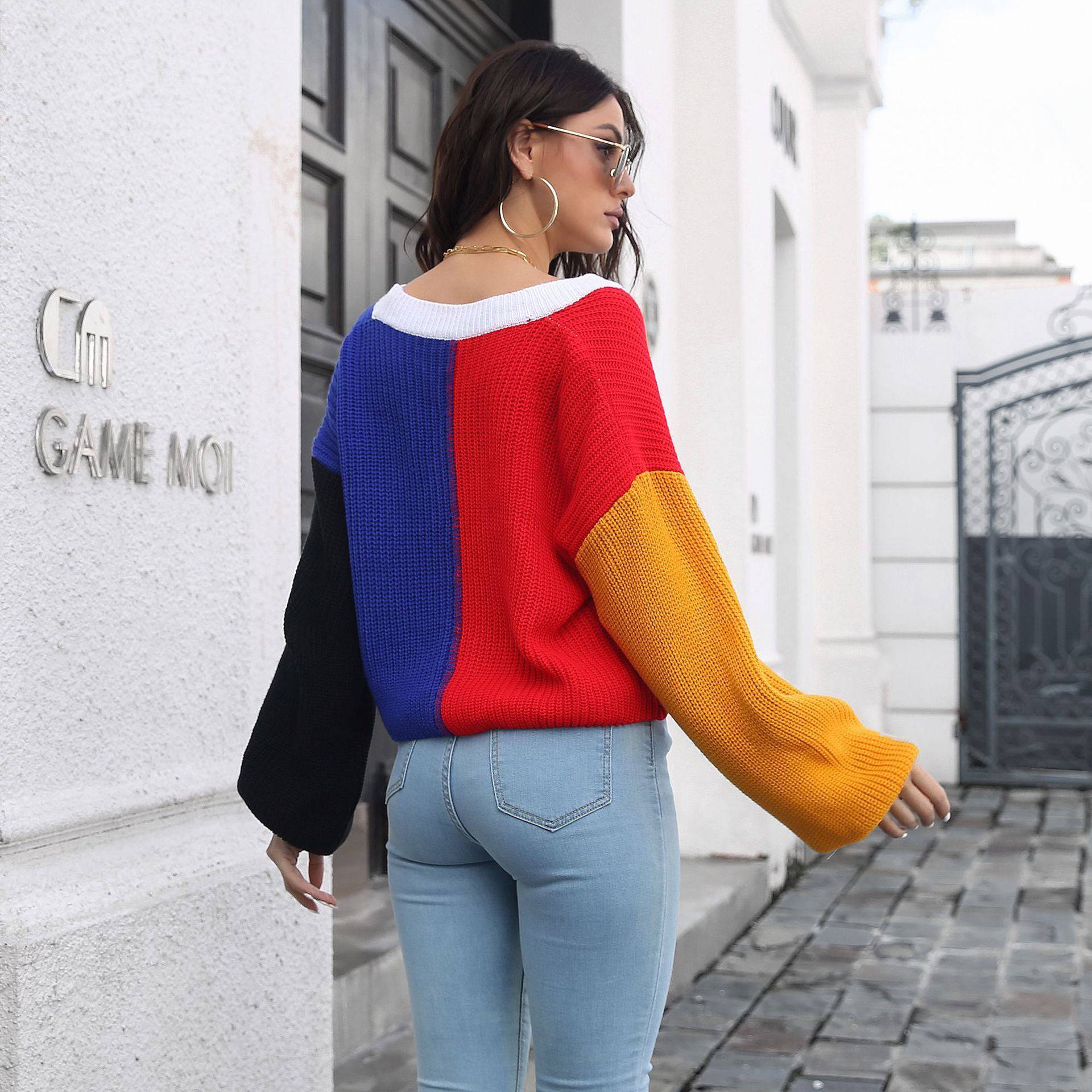 Stylish Color Block Knitted Cardigan with Lantern Sleeves  S Red and Blue 