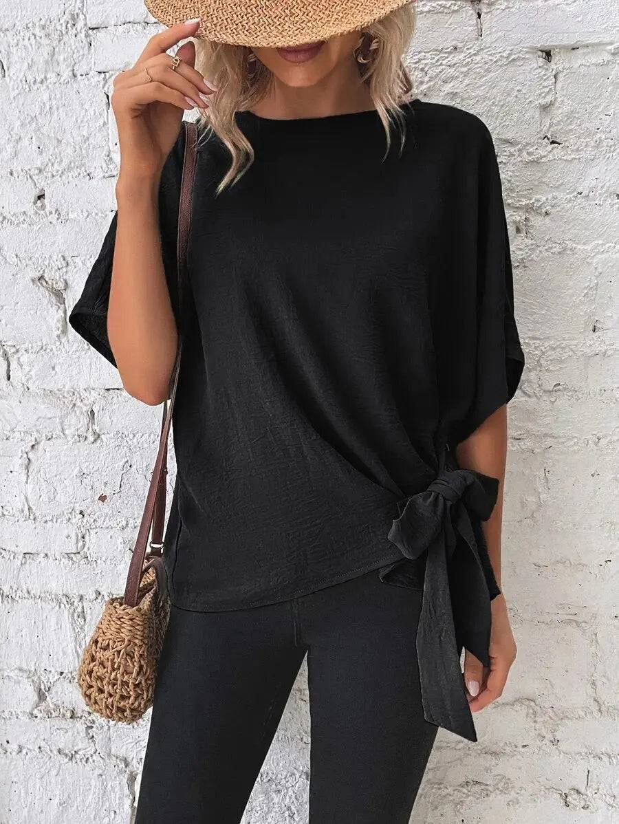 Summer Loose-Fit Batwing Sleeve Knotted T Top for Women  S Black 