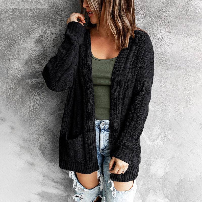 Solid Color Twist Knitted Cardigan Coat for Women - Autumn Winter Sweater with Pockets  S Black 