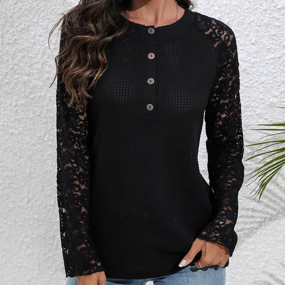 Sexy Lace Stitched Round Neck Top for Women  S Black 