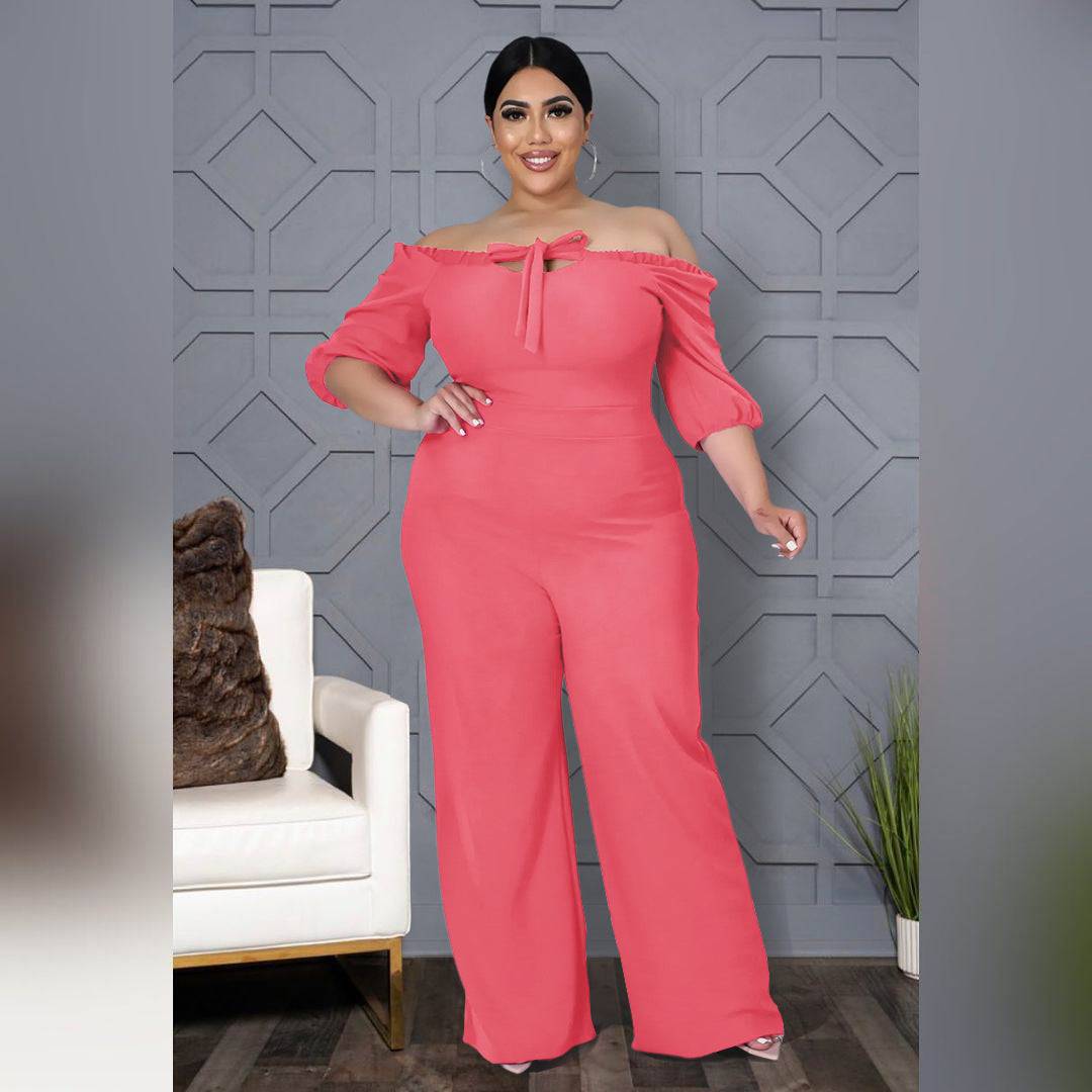 Plus Size Solid Color off-Shoulder Strap Wide-Leg Jumpsuit Women - Wild Amber Fashion