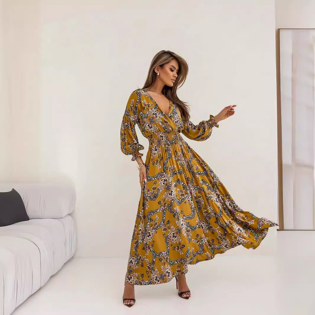 Women Clothing Women Clothing Printed V Neck Sexy Slit Long Sleeve Dress - Wild Amber Fashion