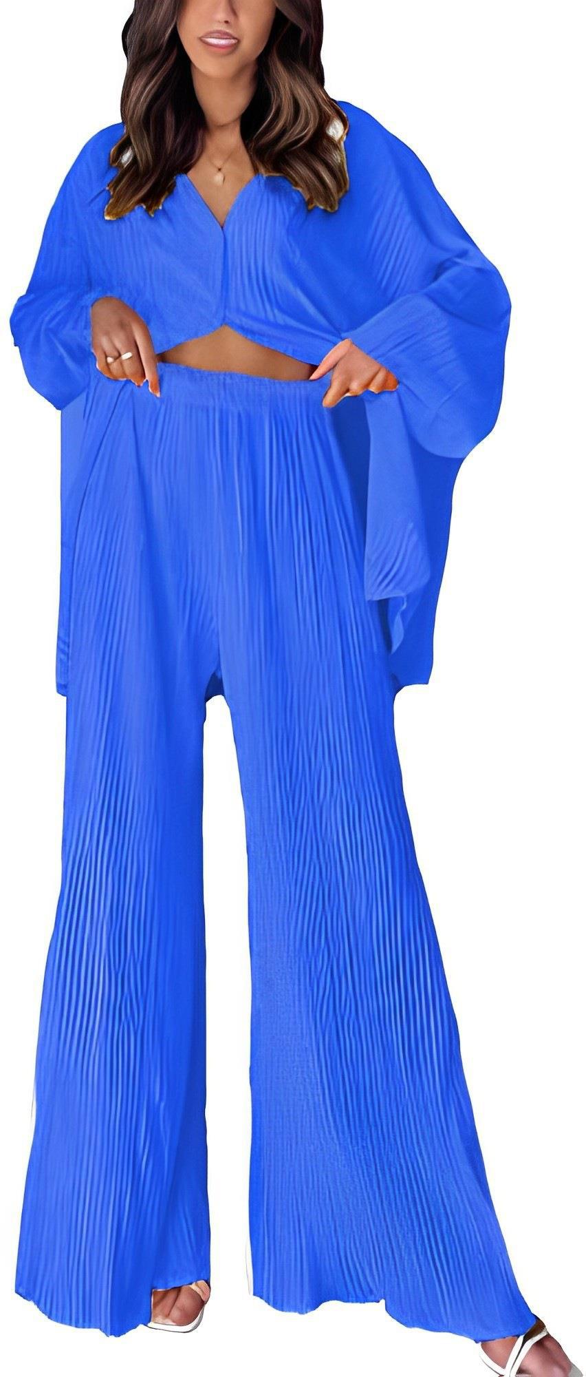 Spring Summer Women Solid Color Pleated Single Breasted Top High Waist Wide Leg Bell Bottoms Homewear Suit - Wild Amber Fashion