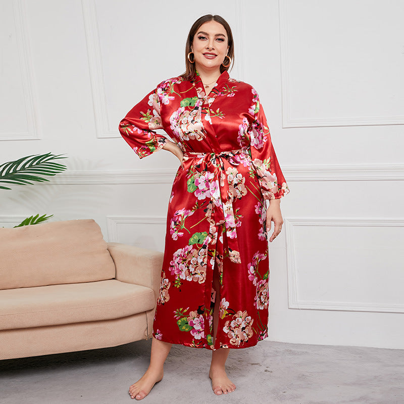 Plus Size Women Artificial Silk Satin Long Sleeved Pajamas Plump Girls Wearable Home - Wild Amber Fashion