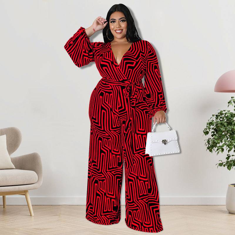 Plus Size Women Clothes Long Sleeve One Piece Straight Leg Pants - Wild Amber Fashion