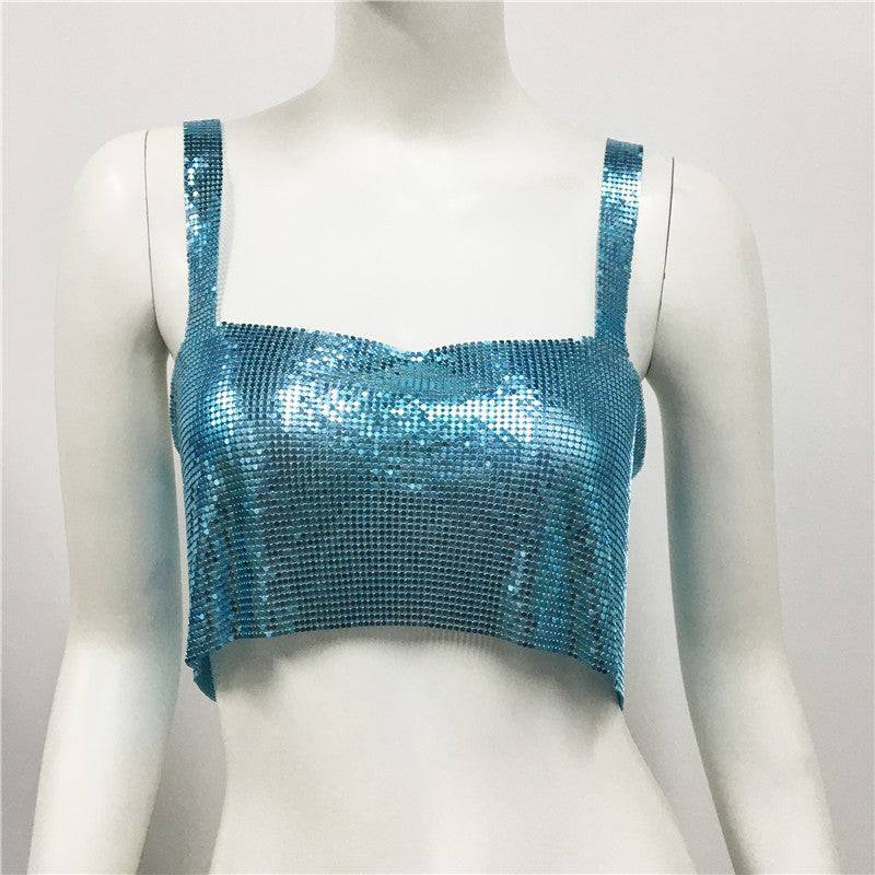 Seductive Metal Sequin Crop Top for Glamorous Nights Out  One Size skyblue 