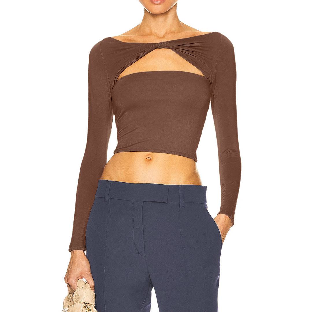 Stylish Off Shoulder Cutout Twist Top for Women - Spring/Fall Collection  XS Brown 