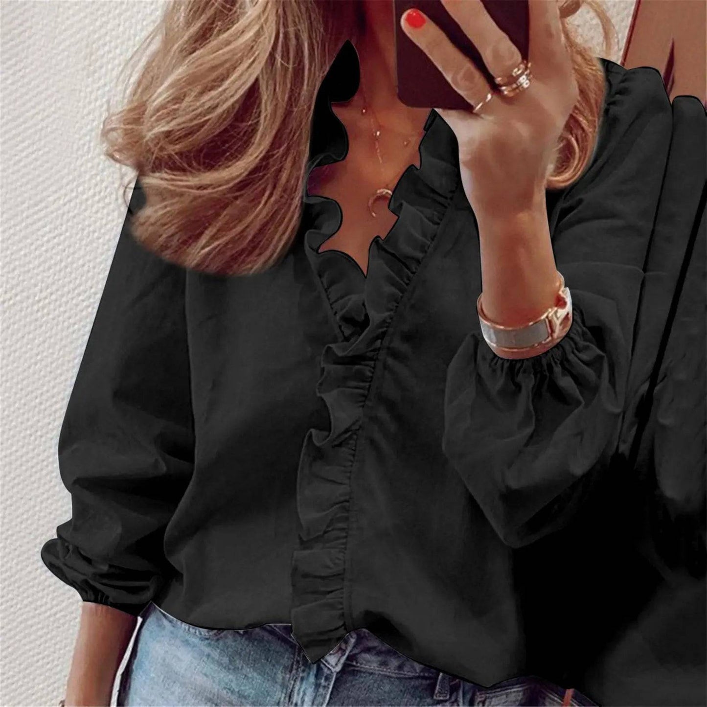 Spring Summer Elegant Long Sleeve Ruffle Blouse for Women  S Black 