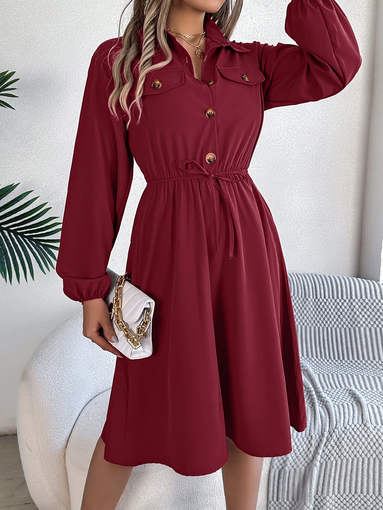 Real Shot Autumn Winter Casual Button Lace up Waist Controlled Long Sleeves Shirt Dress Women Clothing - Wild Amber Fashion