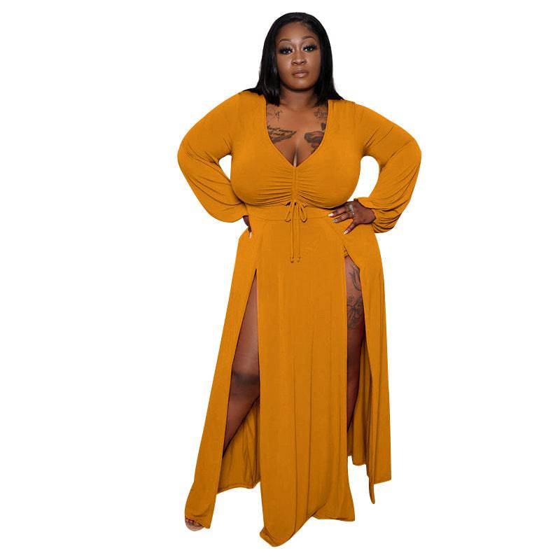 Flattering Plus Size Deep V-Neck Long Sleeve Dress for Spring and Summer  XL Orange 