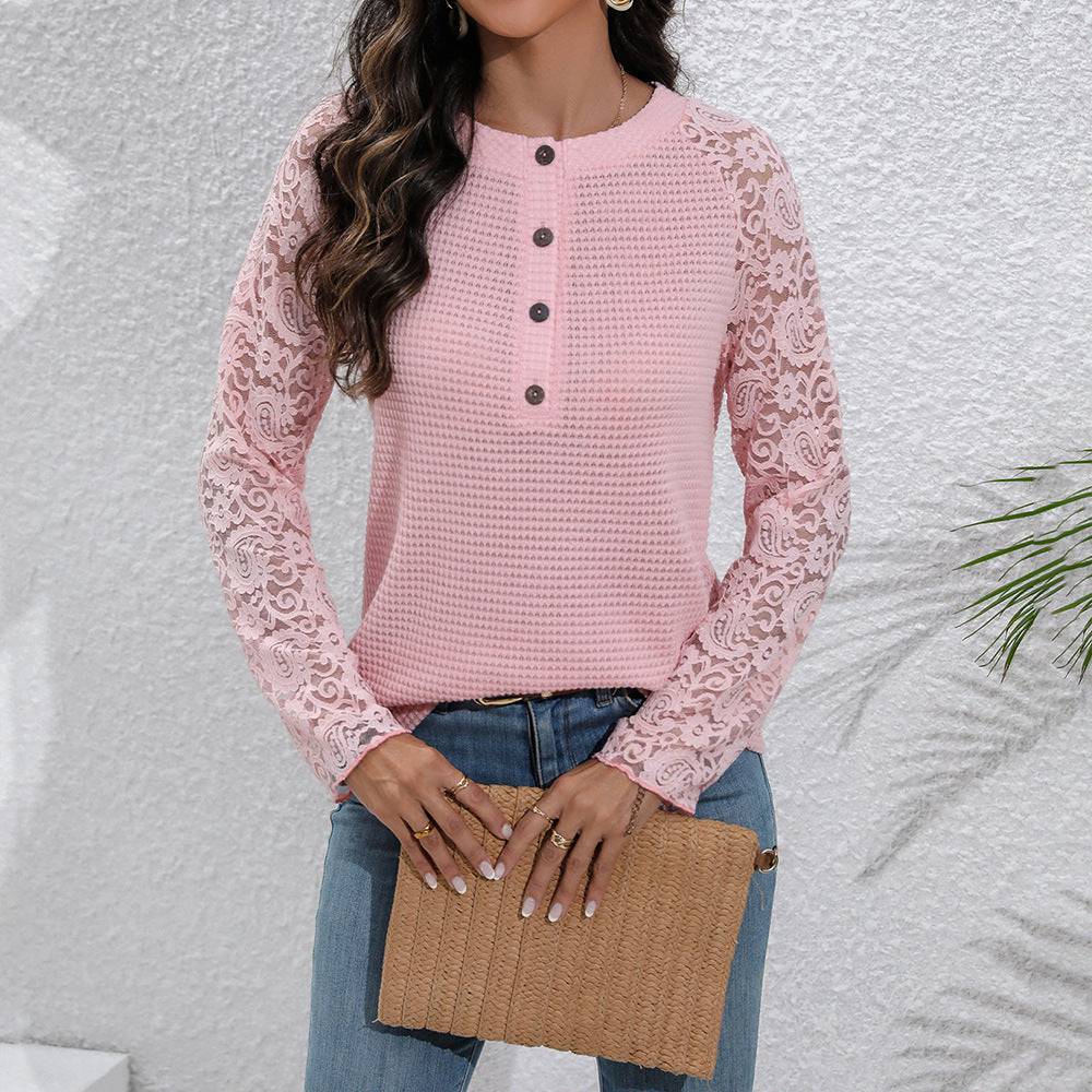 Sexy Lace Stitched Round Neck Top for Women  S Pink 