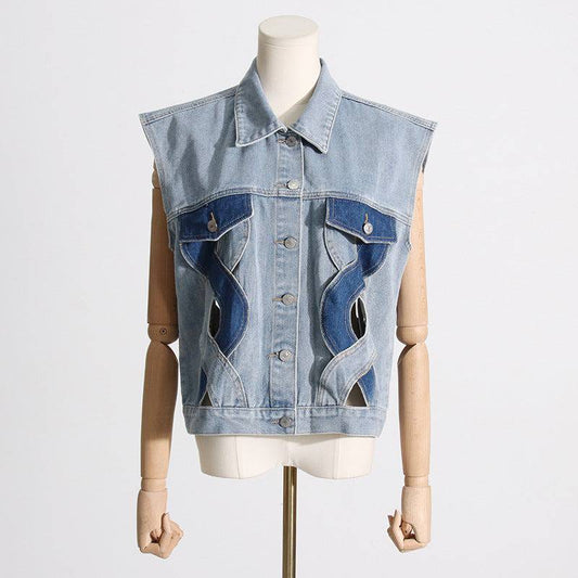 Sleeveless Collared Denim Vest with Unique Stitching for Women  S Blue 