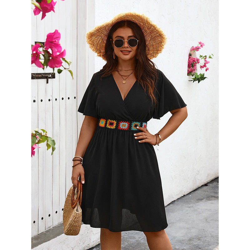 Plus Size V Neck Dress Summer Ladies Embroidered V Neck Sexy Slimming Dress - Wild Amber Fashion