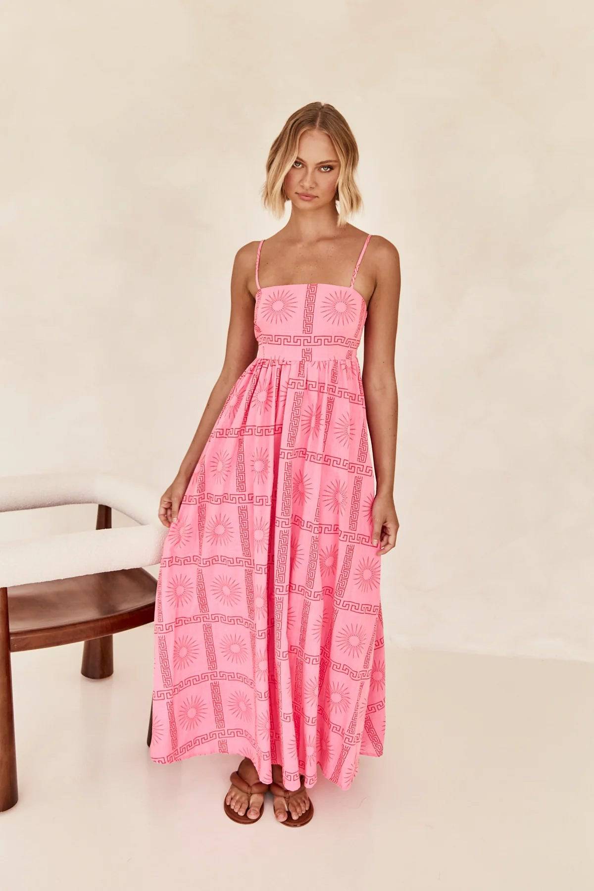 Elegant Summer Printed Maxi Dress with Square Neck Cutout Detail  S Pink SUNFLOWER Suspender Skirt 