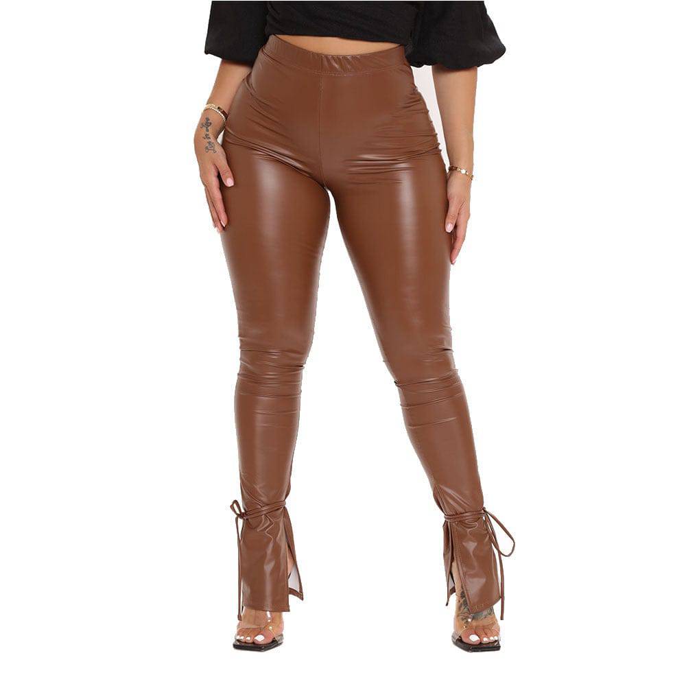 Faux Leather High Rise Tight Pants with Side Slit  S camel 