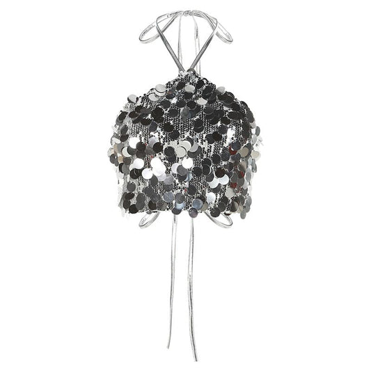 Shimmering Sequined Halter Crop Top for Summer-loving Women  S Silver 