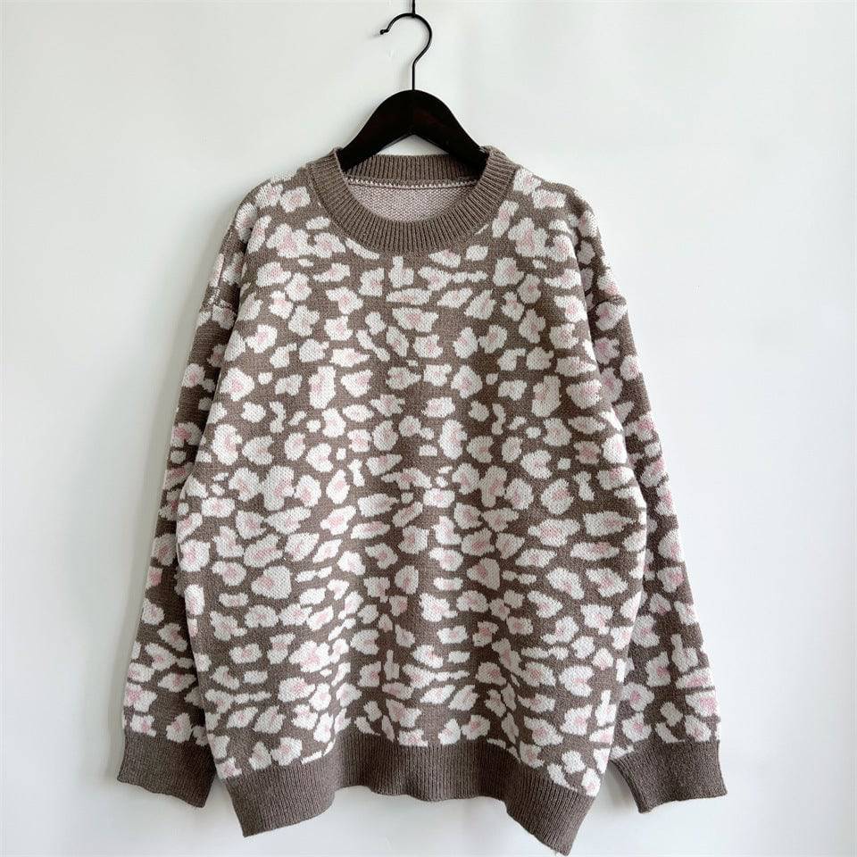 Leopard Print Sweater for Stylish Fall and Winter Casual Outfits  S White Powder 