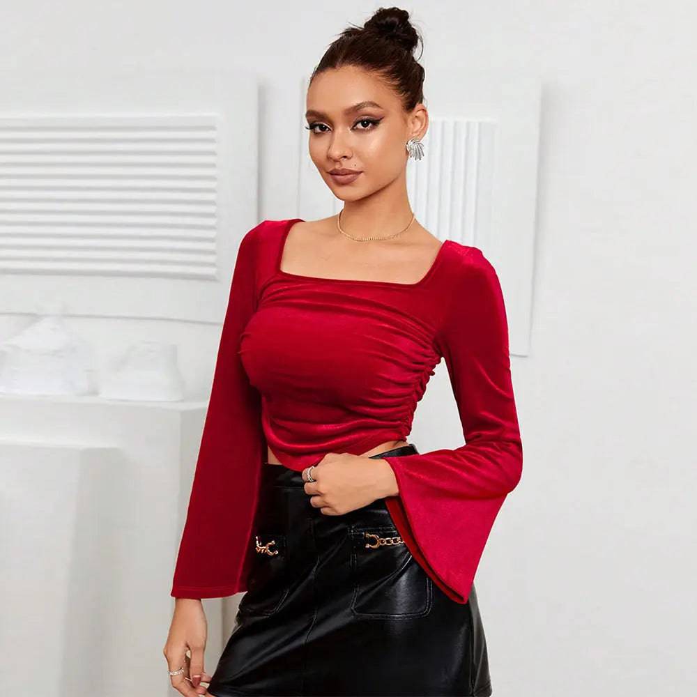 French Vintage Red Velvet Square Neck Crop Top  S Burgundy 