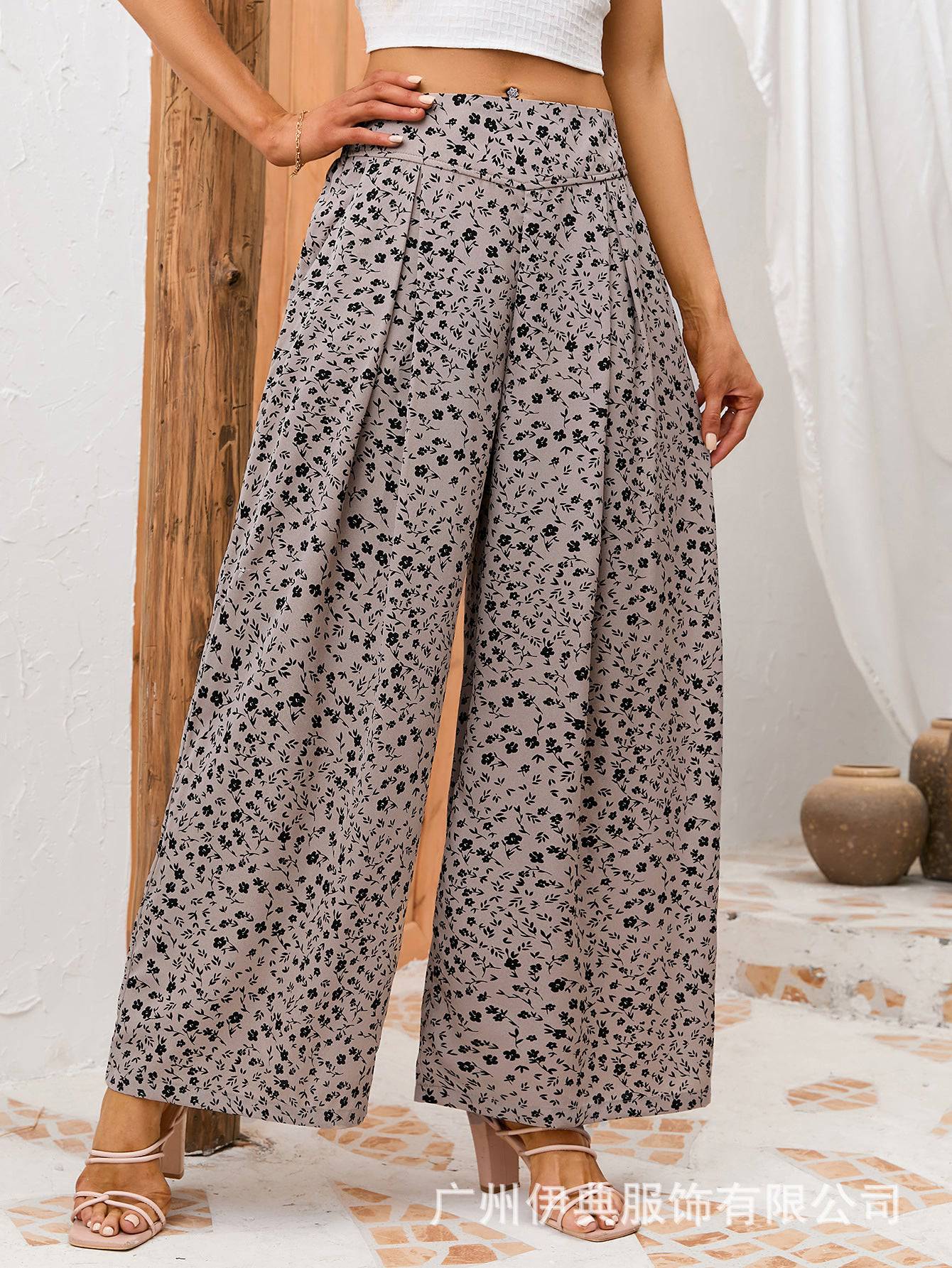 Loose High Waist Floral Wide Leg Pants  S Khaki 