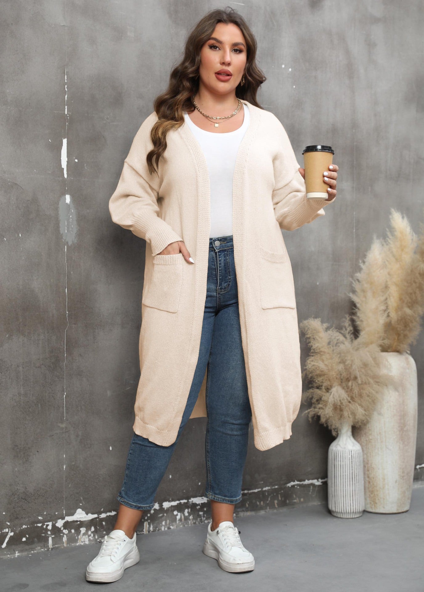 Women Coat plus Size Women Clothes Loose Mid Length Woven Sweater Double Pocket Lantern Sleeve Sweater Cardigan - Wild Amber Fashion