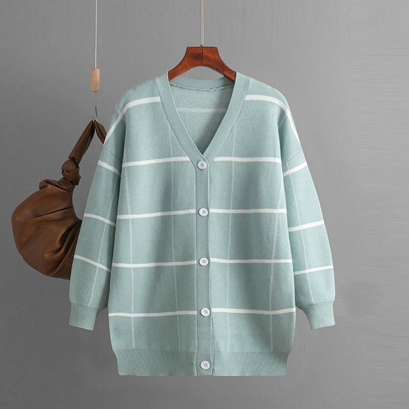 Knitted Plaid Cardigan for Women - Perfect for Autumn and Winter  One Size The blue-gray 