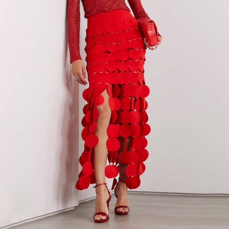 Elegant Fringed Midi Skirt for Summer  S Red 