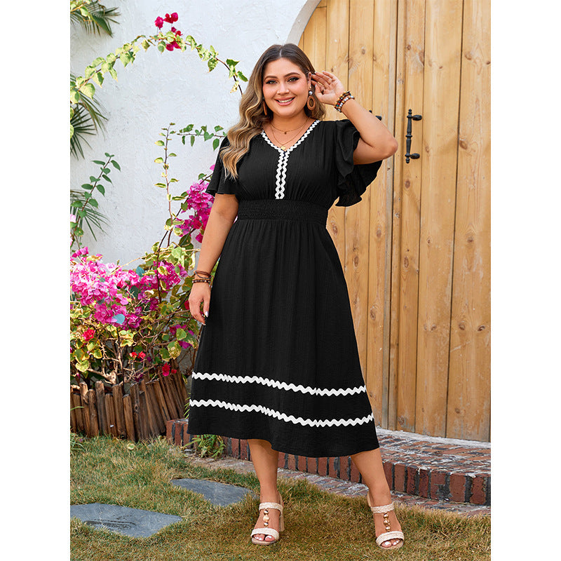 Plus Size Loose V neck Dress Elegant Ruffle Sleeve Black Dress for Women - Wild Amber Fashion