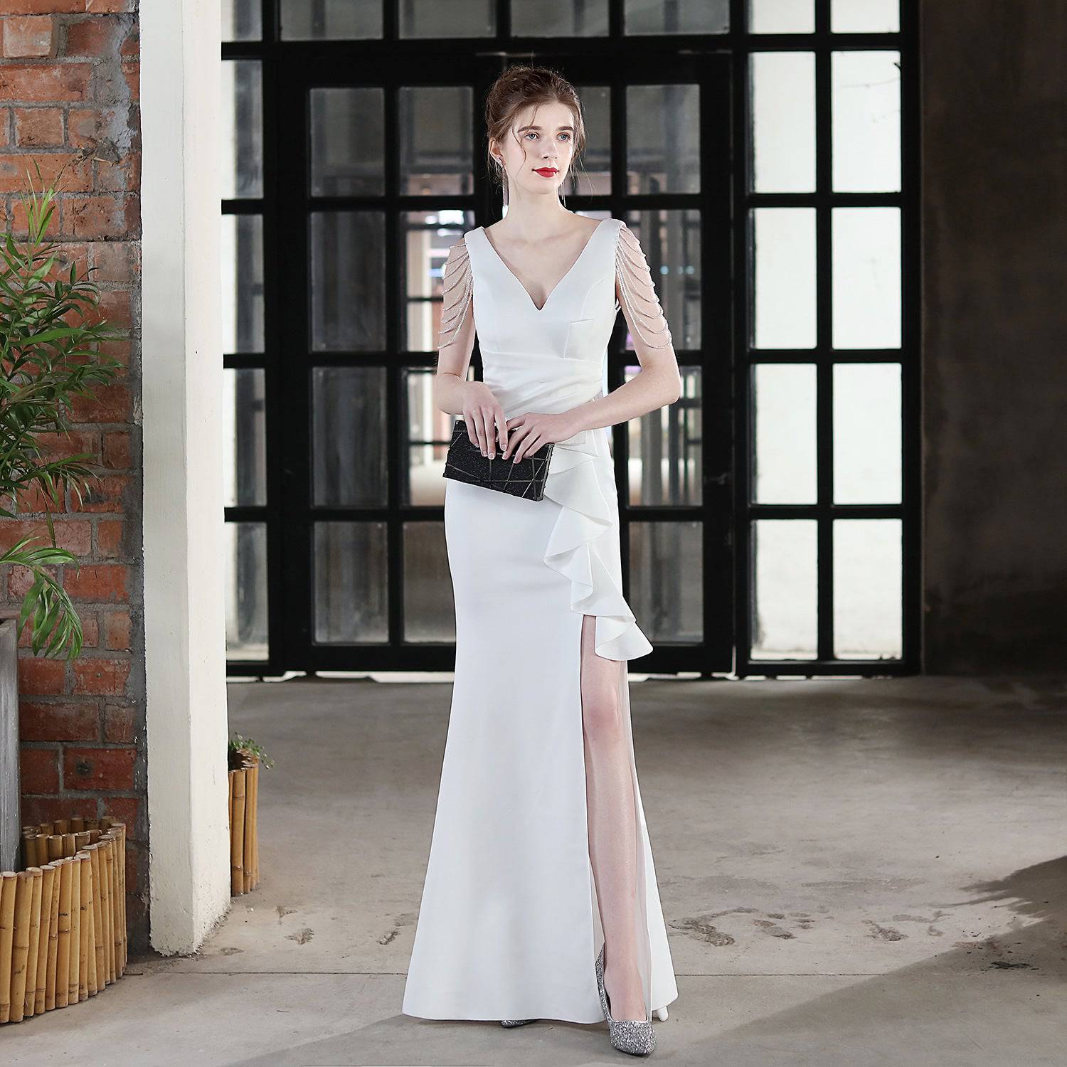 Elegant Slim-Fit Fishtail Wedding Evening Dress with Sling  S White 