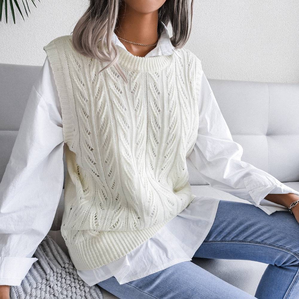 Stay Cozy and Stylish Hollow Out Leaves Knitted Vest Sweater for Women  S White 