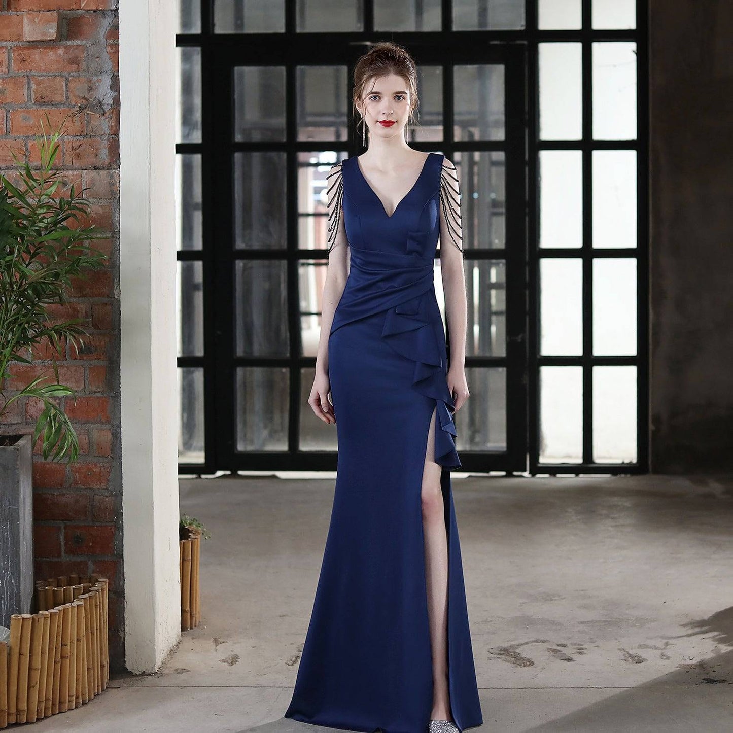 Elegant Slim-Fit Fishtail Wedding Evening Dress with Sling  S purplish blue 