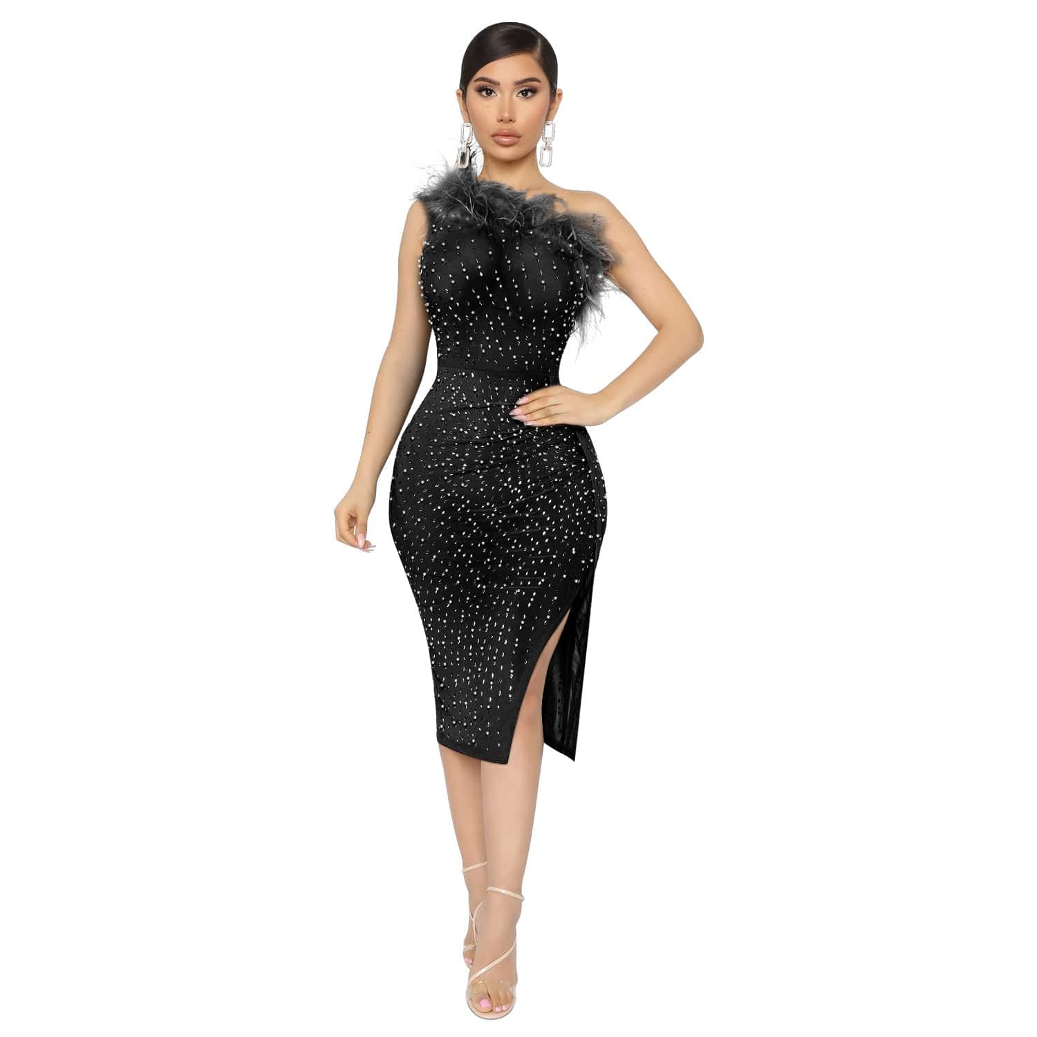 Elegant Rhinestone Mesh Bodycon Dress with One Shoulder - Sleeveless Split Design for Women  S Black 