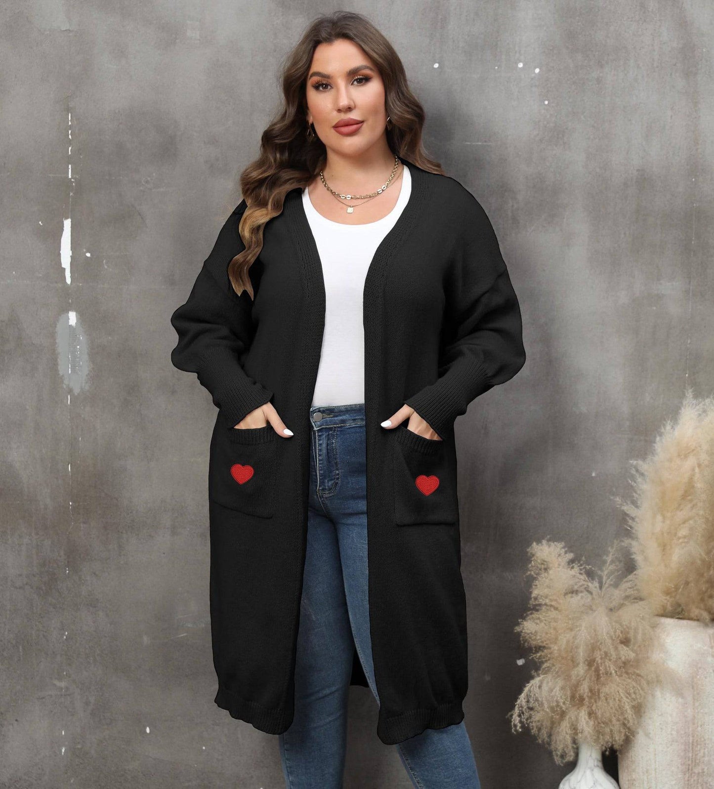 Women plus Size Women Clothes Mid Length Woven Sweater Love Double Pocket Lantern Sleeve Sweater Cardigan - Wild Amber Fashion