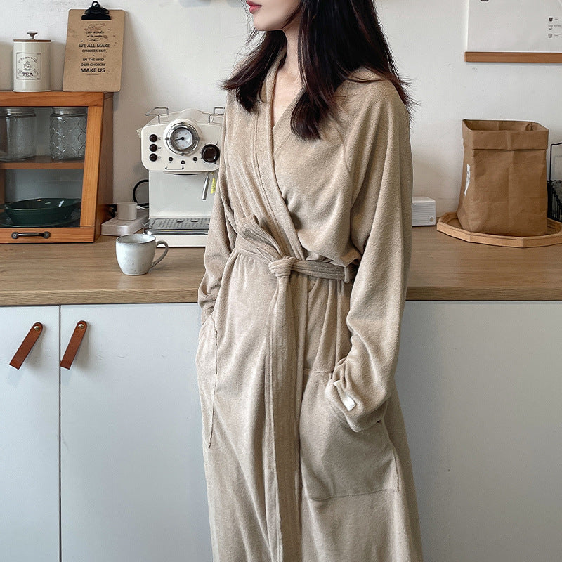 Korean Placket Nightgown Women's Design Autumn Winter Cotton Towel Material Warm Skin Friendly Cardigan Loose Pajamas  One Size Milk Tea 