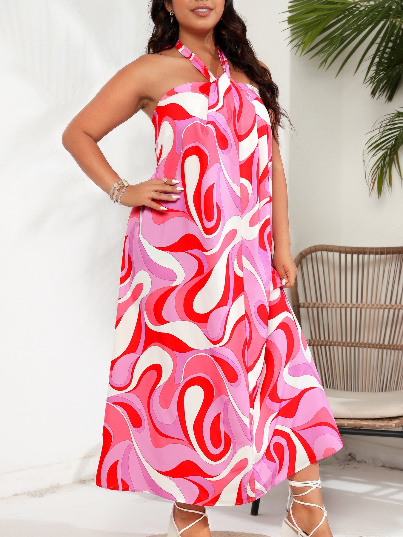 Plus Size Color Drawing Printing Long Halter Chest-Wrapped Dress - Wild Amber Fashion