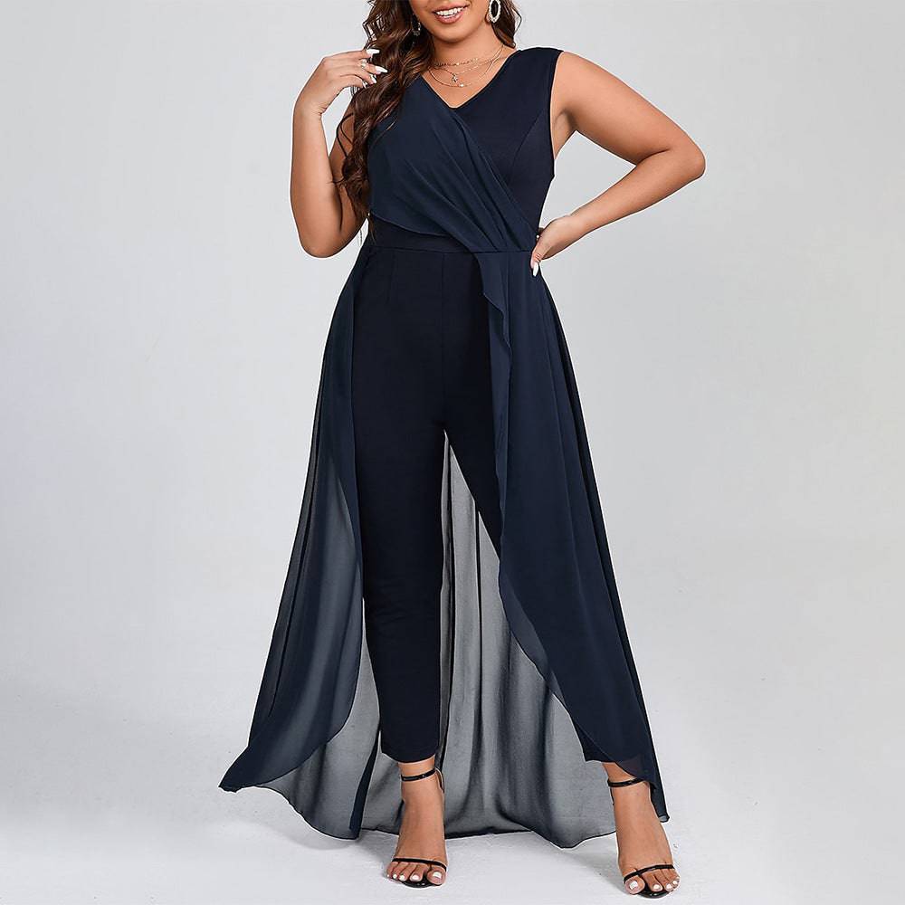 V-Neck Sleeveless Casual Jumpsuit for Women in Solid Color  2XL Navy Blue 