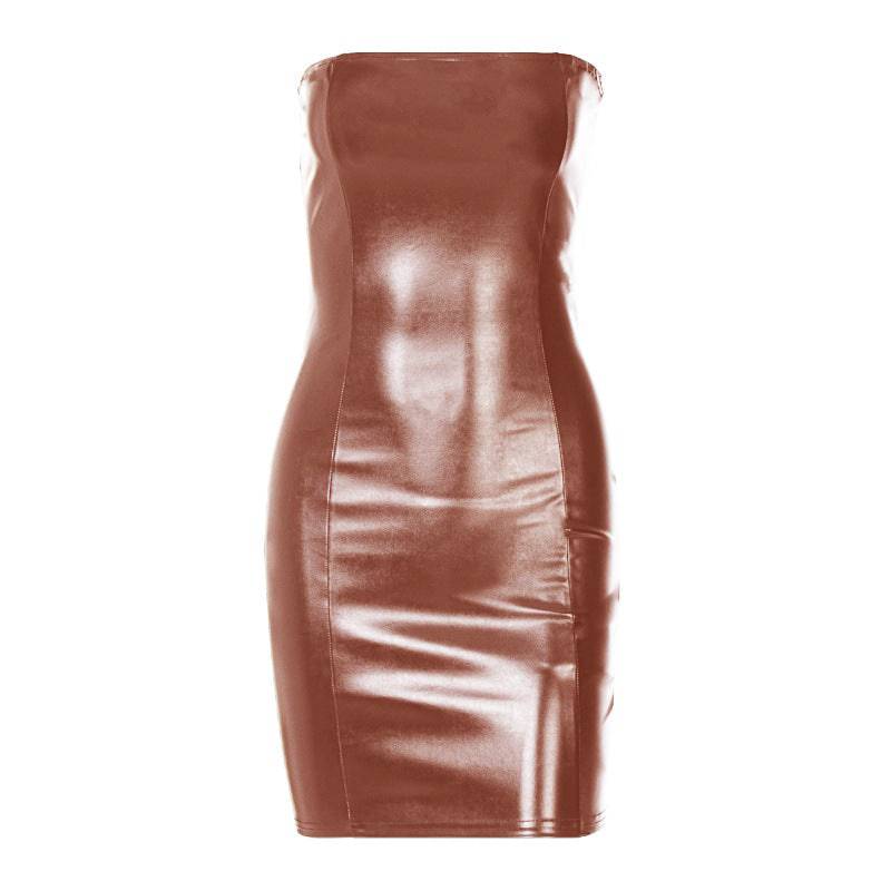 Solid Color Faux Leather Strapless Bodycon Dress  S Brown 