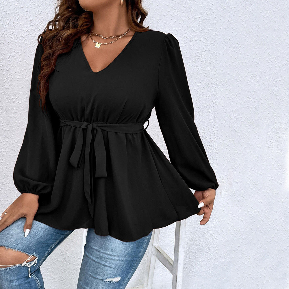 Plus Size Women Clothes V neck Lantern Sleeve T shirt Autumn Winter Elegant Slim Top - Wild Amber Fashion