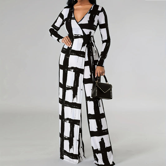 Plus Size Women Clothing V Neck Elements Printed Long Sleeve Loose Jumpsuit - Wild Amber Fashion