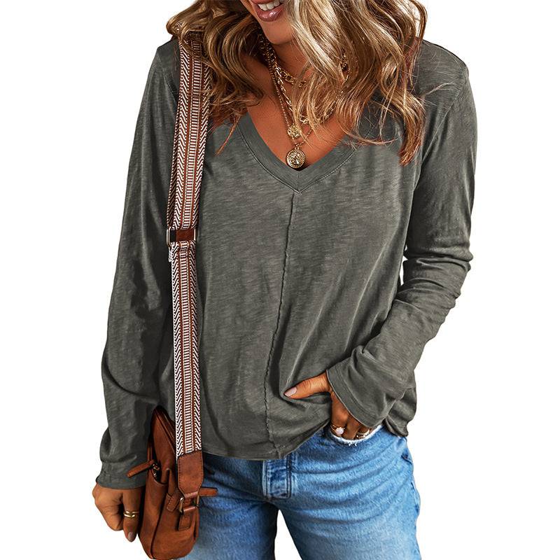 Elegant V-Neck Long Sleeve Casual Sweater for Women  S Gray 