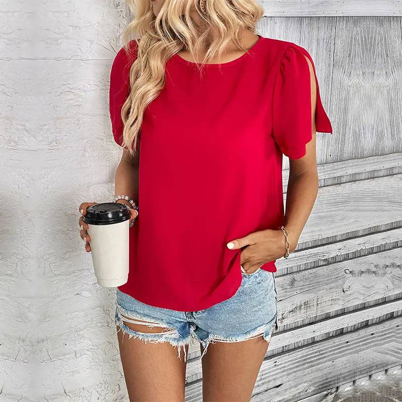 Red Short-Sleeved Polyester Blouse for Elegant Summer Wear  S Burgundy 