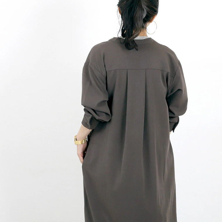 Autumn Winter Shirt Base Dress Women Solid Color Loose Casual V neck Maxi Dress - Wild Amber Fashion