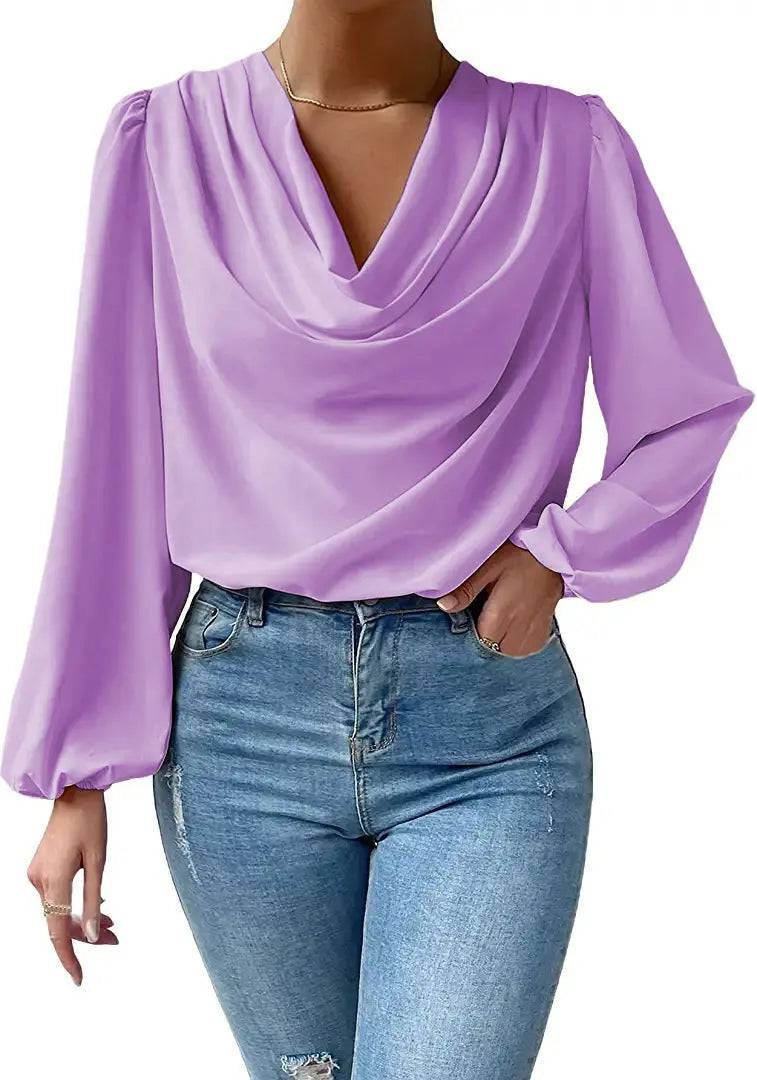 Long Sleeved Shirt Loose Draped V neck Top T shirt Women Clothing  S Purple 