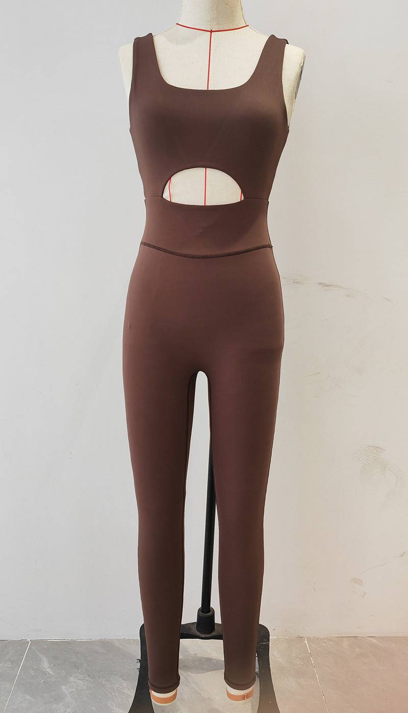 One Piece Hollow Out Cutout Fitness Jumpsuit  S Coffee 