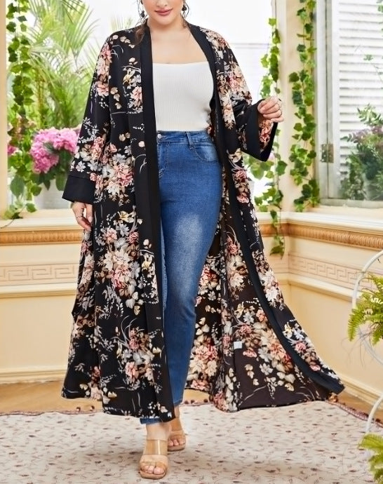 Plus Size Cardigan Coat Color Printing Artistic Long Sleeve Elegant Chiffon Women - Wild Amber Fashion