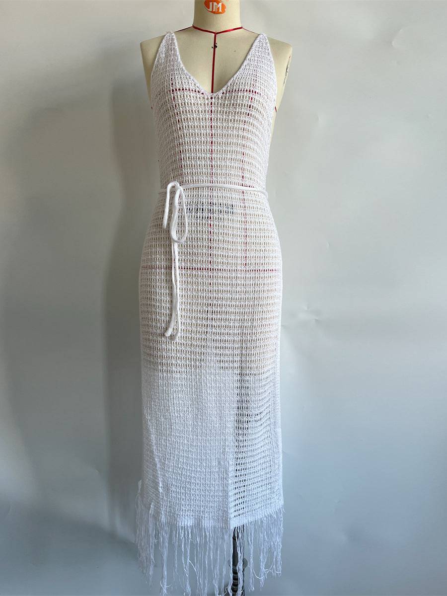 Loose-Fit Maxi Summer Dress with Crochet and Fringe Details  S White 