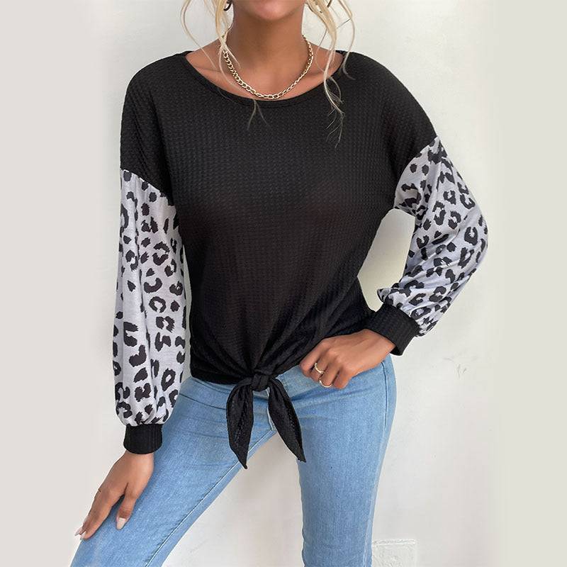 Leopard Print Patchwork Sweater with Long Sleeves  S Black 